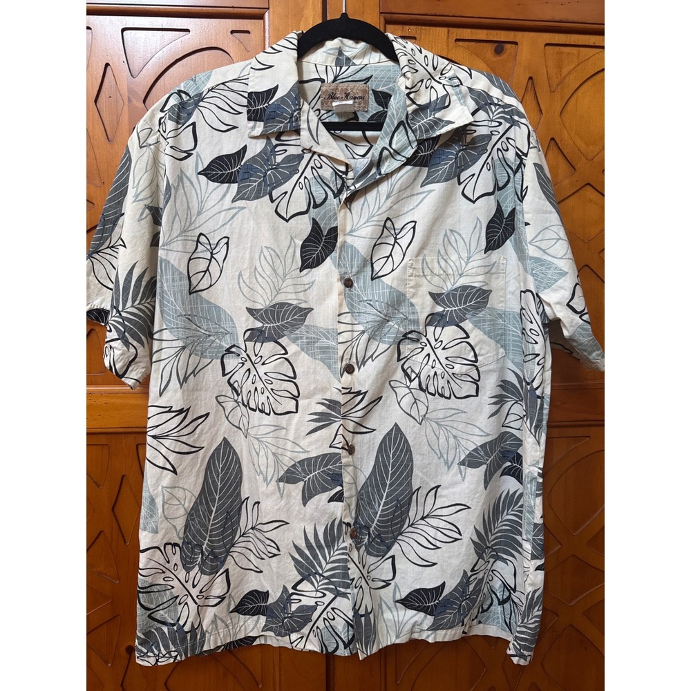 Blue Hawaii Mens XL Cotton Tropical Monstera Leaf Print Button Down Shirt Cream